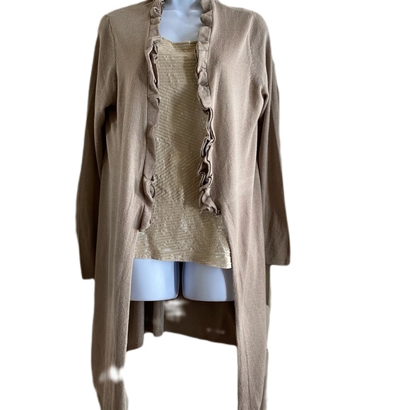 Like new! Chicos taupe ruffle cardigan M/L - Picture 2 of 4